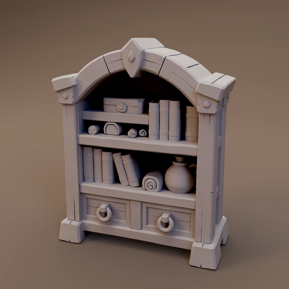 Arched Bookcase with Drawers