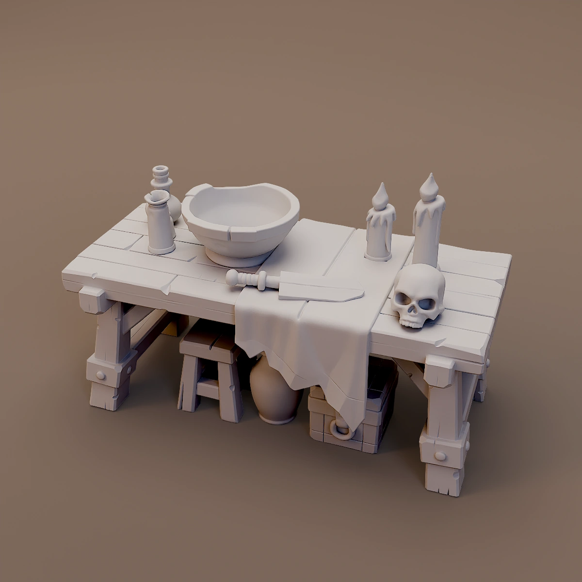 Ritual Worktable with Skull and Jars