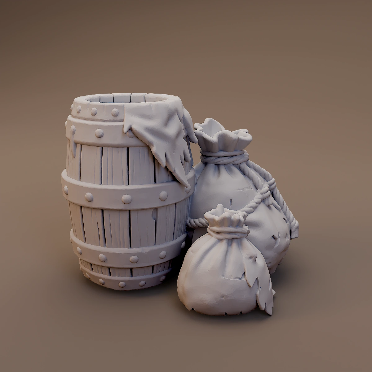 Barrel with Supply Sacks