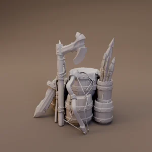 Barrels with Axes Bows and Spears