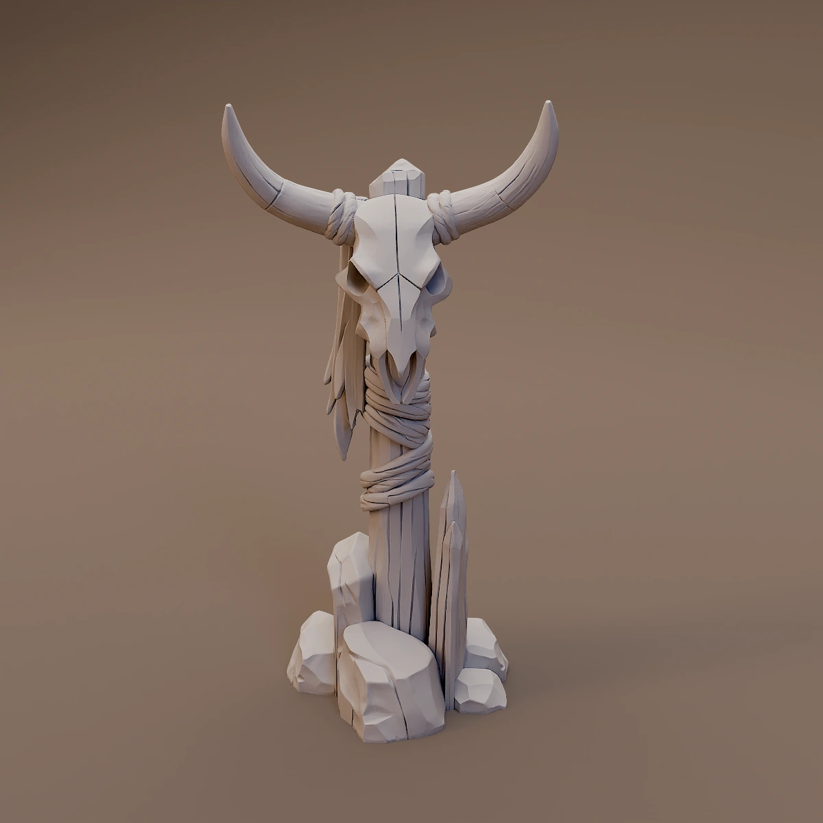 Horned Skull on Wooden Post