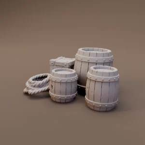 Barrel and rope supply pile – 32mm scale tabletop terrain STL model