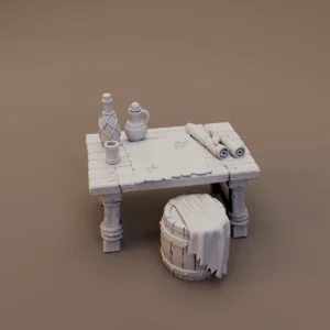 Camp Table with Barrel and Mugs