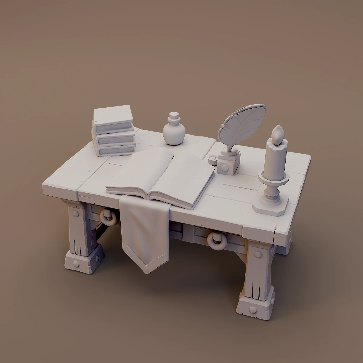 Scholar Desk with Quill and Books