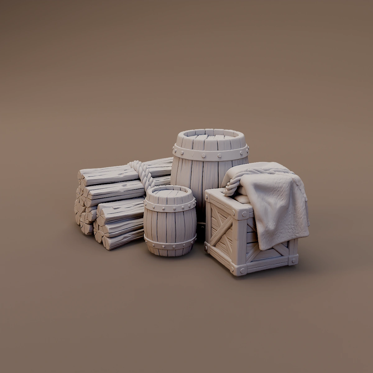 Stacked Logs Barrels and Crate